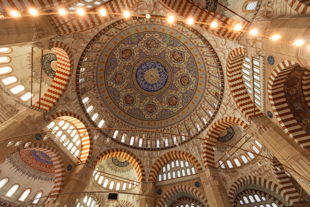 Detailed view of Iznik tilework and decorative elements inside Selimiye Mosque
