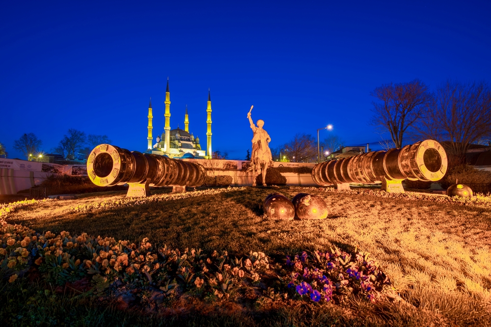Architectural details of Selimiye Mosque showing the interplay of stone, tile, and light